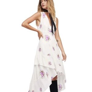 Free People Birdie Floral Cream & Purple High Low Ruffle Dress V-Neckline Boho